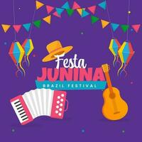 festa Junina fête concept avec musical instrument, chapeau, lanternes pendre et bruant drapeaux sur violet Contexte. vecteur