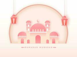 Ramadan mubarak concept avec pente rose mosquée illustration et pendaison lanternes sur brillant Contexte. vecteur