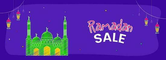 Ramadan vente bannière ou entête conception avec griffonner style mosquée, pendaison étoiles et lanternes décoré violet Contexte. vecteur