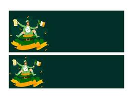 vert entête ou bannière conception avec lutin homme en portant irlandais drapeau, Bière agresser à Trésor chapeau dans deux options. vecteur