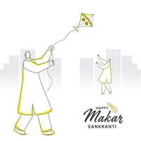 content makar sankranti concept avec griffonnage style homme en volant cerf-volant et autre la personne permanent sur blanc bâtiments Contexte. vecteur