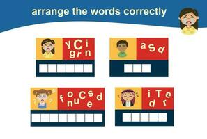 organiser le mots correctement. feuille de travail pour préscolaire. l'écriture entraine toi feuille de travail. vecteur déposer.