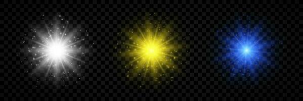 effet de lumière des fusées éclairantes. ensemble de trois effets de starburst de lumières rougeoyantes blanches, jaunes et bleues avec des étincelles. illustration vectorielle vecteur