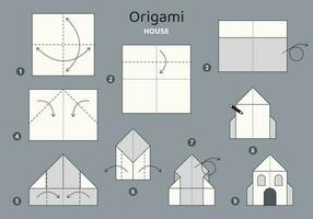 Didacticiel origami schème avec maison. isolé origami éléments sur gris toile de fond. origami pour enfants. étape par étape Comment à faire origami maison. vecteur illustration.