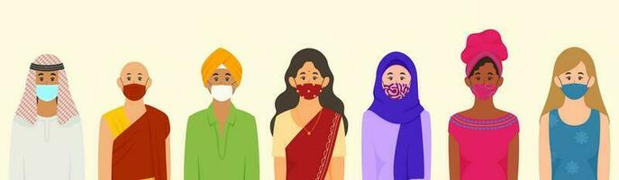 multiculturel Hommes et femmes portant visage masques ensemble à protéger de corona virus. vecteur