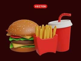 3d le rendu. vite nourriture icône ensemble. hamburger, français frites, et une tasse vecteur