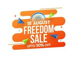 15e août liberté vente affiche conception avec remise offre, 3d Triangle éléments sur Orange et blanc Contexte. vecteur