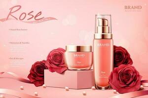 élégant Rose cosmétique les publicités avec rubans et perles sur briller rose Contexte dans 3d illustration vecteur