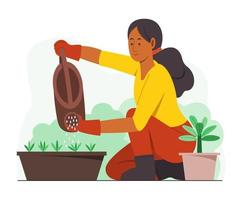 femme aime arroser les plantes dans le jardin. vecteur