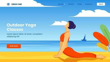 atterrissage page conception avec Jeune fille Faire exercice dans bhujangasana pose sur plage vue Contexte pour Extérieur yoga Des classes. vecteur