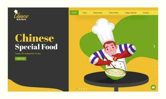 la toile bannière ou atterrissage page conception, chef personnage en présentant nouilles avec saupoudrage pour chinois spécial aliments. vecteur