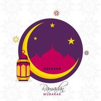 Ramadan mubarak affiche conception avec croissant lune, mosquée, étoiles, arabe lanterne sur violet et blanc islamique modèle Contexte. vecteur