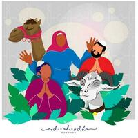 illustration de dessin animé musulman gens avec chèvre, chameau animal et vert feuilles sur gris islamique modèle Contexte pour Aïd al-Adha moubarak. vecteur