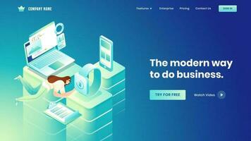 atterrissage page conception avec femelle vite travail sur différent plates-formes avec intelligent dispositifs tel comme infographie ordinateur portable, téléphone intelligent et poignet regarder pour affaires concept. vecteur