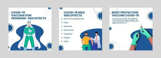 covid-19 vaccination programme et corps côté effets basé affiche conception dans Trois options. vecteur