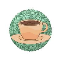 une ligne continue dessinant une tasse de café pour latte, expresso, cappuccino. café chaud prêt à boire pour le petit déjeuner. style de fond de cercle de curl tourbillonnant. illustration graphique vectorielle de conception de dessin à une seule ligne vecteur