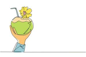 Célibataire un ligne dessin main en portant vert noix de coco avec en buvant paille et fleur. soulage la soif et déshydratation dans été. en bonne santé vie. continu ligne dessiner conception graphique vecteur illustration