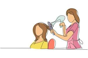 un seul dessin au trait heureux jeune femme dans un salon de coiffure. changer de style, discuter de coiffure avec son coiffeur tenant un sèche-cheveux. vecteur graphique de conception de ligne continue moderne