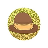 chapeau fedora à dessin d'une seule ligne, vue latérale, avec bande de cuir beige. laine, feutre. accessoire de tête d'homme. style de fond de cercle de curl tourbillonnant. illustration vectorielle graphique de conception de dessin en ligne continue vecteur