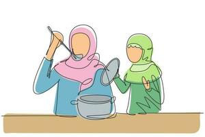 une seule ligne dessinant une fille arabe tenant un couvercle de casserole et sa belle maman dégustant des aliments à l'aide d'une cuillère de cuisine. cuisiner ensemble dans la cuisine. ligne continue dessiner illustration vectorielle graphique de conception vecteur