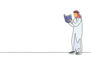 dessin d'une seule ligne jeune homme arabe lisant, apprenant et debout dans la bibliothèque. étudier seul. étudiant intelligent, concept d'éducation. ligne continue moderne dessiner illustration vectorielle graphique vecteur