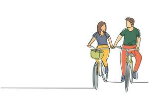 dessin continu d'une ligne couple heureux faisant du vélo à l'extérieur en été. couple cycliste romantique main dans la main. l'unité du jeune mari et de la femme. illustration graphique de vecteur de conception de dessin à une seule ligne