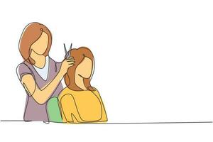 dessin continu d'une ligne allant pour le changement de style. belle femme discutant de coiffure avec son coiffeur tenant des ciseaux alors qu'il était assis dans un salon de coiffure. vecteur de conception de dessin à une seule ligne