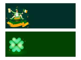 social médias entête ou bannière avec lutin homme en portant irlandais drapeau, Bière tasse, pièces de monnaie et trèfle feuilles sur vert Contexte dans deux options. vecteur