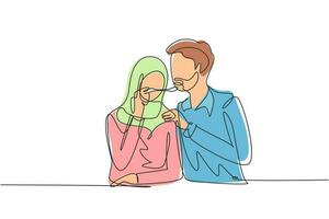 une seule ligne dessinant une femme arabe romantique nourrit son mari. heureux couple dîner ensemble au restaurant. célébrer les anniversaires de mariage. ligne continue dessiner illustration vectorielle graphique de conception vecteur