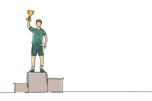 Athlète masculin dessinant une seule ligne continue portant un maillot de sport soulevant le trophée d'or d'une main sur le podium. célébrant la victoire de la compétition. une ligne dessiner illustration vectorielle de conception graphique vecteur