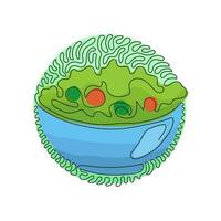 une seule ligne continue dessinant une salade verte de légumes frais dans un saladier. apéritif sain pour le corps humain. style de fond de cercle de curl tourbillonnant. une ligne dessiner illustration vectorielle de conception graphique vecteur