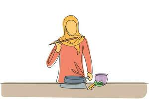 Célibataire un ligne dessin magnifique arabe femme tenir Plastique tasse et en buvant Orange jus avec paille. faire sa rafraîchissant dans été saison. moderne continu ligne dessiner conception graphique vecteur illustration