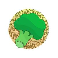 une seule ligne continue dessinant du brocoli vert frais. chou brocoli légume frais. nourriture ou cuisine saine. style de fond de cercle de curl tourbillonnant. une ligne dessiner illustration vectorielle de conception graphique vecteur