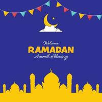 saint mois de islamique Festival Ramadan concept avec Jaune silhouette mosquée, croissant lune, étoile et bruant drapeaux sur bleu Contexte. vecteur