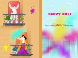 content Holi fête Contexte avec Indien gens en jouant couleurs sur leur balcons ou toit. vecteur