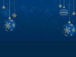 réaliste Noël des balles et flocons de neige décoré sur bleu lumières effet Contexte. vecteur
