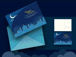 Ramadan mubarak salutation carte ou lettre avec enveloppe sur bleu Contexte. vecteur