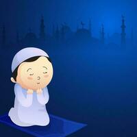 mignonne musulman garçon prier et copie espace sur bleu silhouette mosquée Contexte pour islamique Festival concept. vecteur