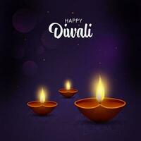 content diwali fête concept avec réaliste allumé pétrole les lampes sur violet Contexte. vecteur