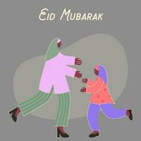 eid mubarak concept avec musulman femme passionnant pour étreindre à sa fille sur gris Contexte. vecteur