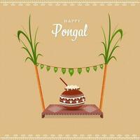 content pongal fête concept avec traditionnel plat dans boue pot plus de petit tabouret ou tableau, culte feuilles et canne à sucre sur marron Contexte. vecteur