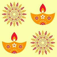 ethnique rangoli ou floral et allumé pétrole les lampes sur Jaune Contexte. vecteur