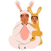 dessin animé homme avec le sien fils portant lapin costume sur blanc Contexte. vecteur