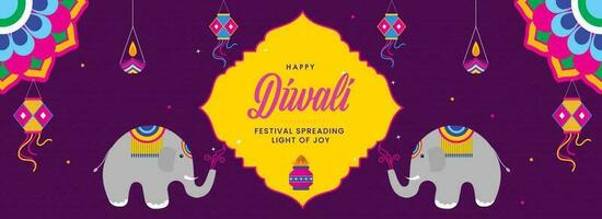 content diwali fête concept avec dessin animé les éléphants, allumé pétrole les lampes et lanternes pendre sur violet Contexte. vecteur