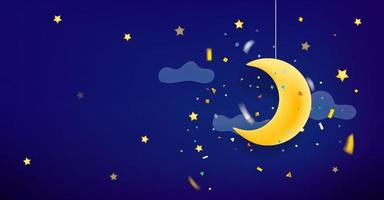 lune jaune et étoiles dans la bannière horizontale de nuit avec espace de copie vecteur