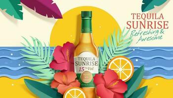 3d illustration de Tequila lever du soleil publicité. cocktail verre bouteille avec tropical végétaux, fleurs et fruit conception éléments autour sur plage Contexte. concept de tropical paradis. vecteur