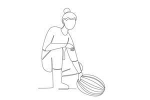 une femme cueillette une pastèque vecteur