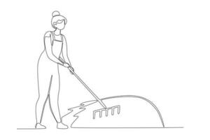 une femme balaie le jardin avec une râteau vecteur