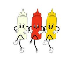 ketchup, moutarde et mayo branché personnages. sensationnel bouteille de sauces mascottes. psychédélique ancien illustration dans années 60, Années 70 vecteur