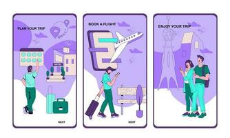 réservation en ligne application pour tourisme et en voyageant l'intégration écrans ensemble. mobile pages conception pour vol des billets et Hôtel réservation, Voyage service. dessin animé vecteur illustration.